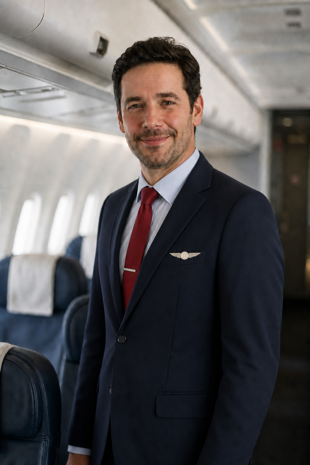 Flight attendant in a professional regional-airline uniform
